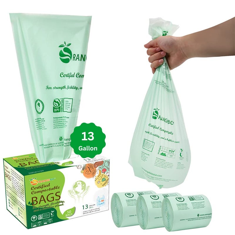 OrangeBio 100% Home Compostable Trash Bags 13 Gallon Tall Kitchen, 50 Count, 0.9 Mil, Kitchen Compost Bags, Large Compostable Bags US BPI ASTM D6400 and OK Compost Home Certified - Image 1
